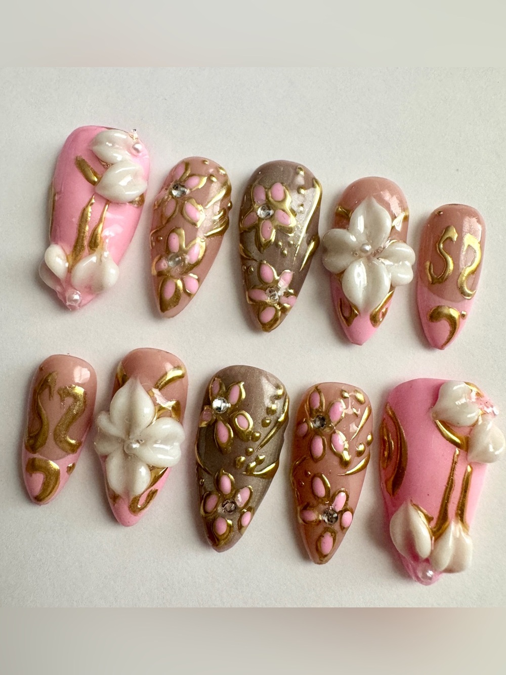 Premium Pink & Taupe 3D Floral Press-On Nails